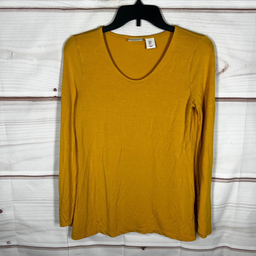 Mercer & Madison Top Women Small Yellow Solid Bell Sleeve Scoop Neck Knit Blouse